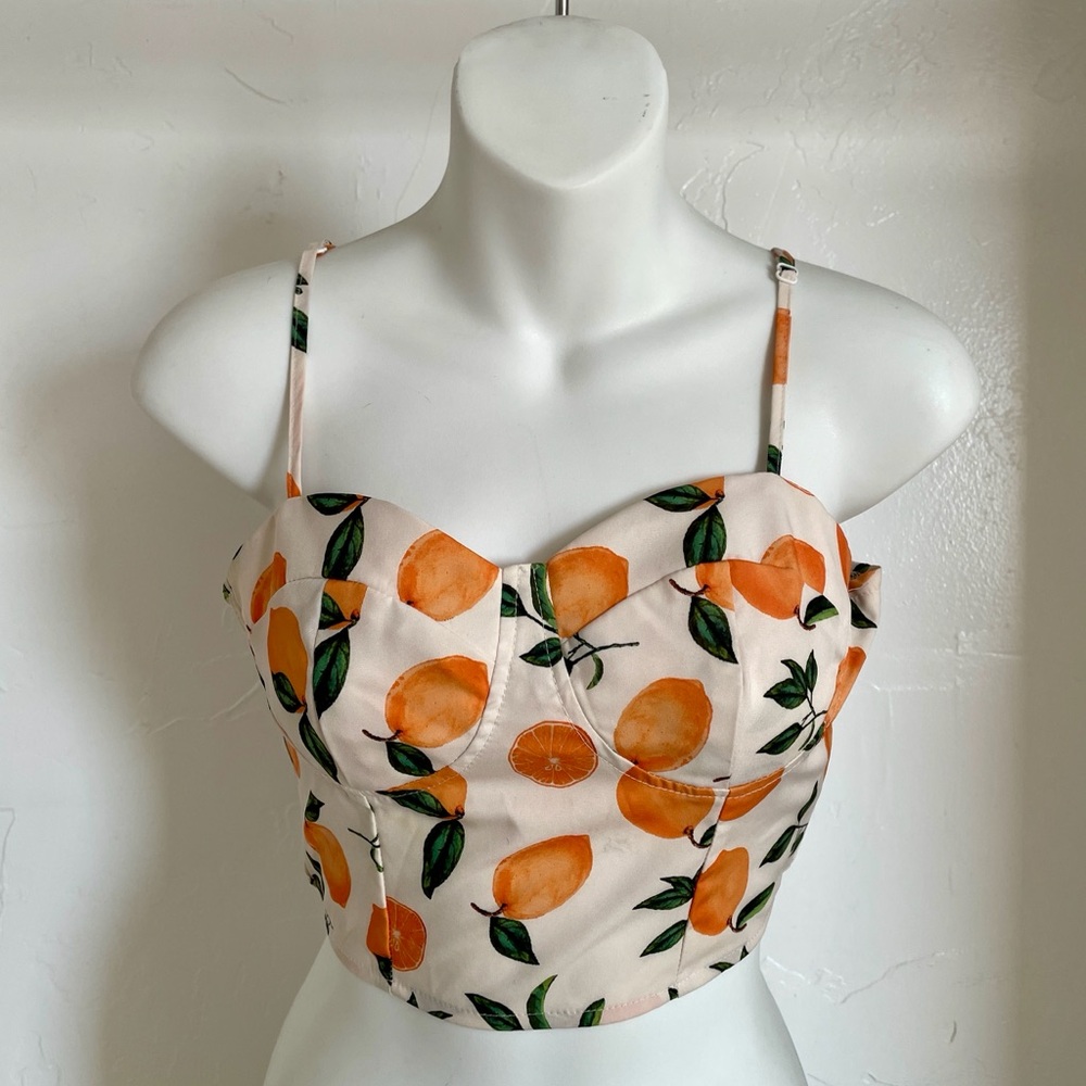 Chic Italian Style LEMONS and Citrus Print BUSTIER Corset Style TOP Size Small